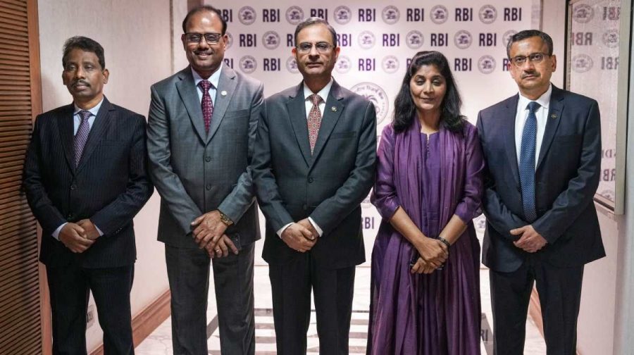 Reserve Bank of India (RBI) Governor Sanjay Malhotra, centre, RBI Deputy Governors Shirish Chandra Murmu, left, Swaminathan Janakiraman, second left, Poonam Gupta, right, and Rohit Jain in a group picture before delivering the bi-monthly monetary policy, in Mumbai, Wednesday, Oct. 7, 2026. (PTI Photo/Shashank Parade)