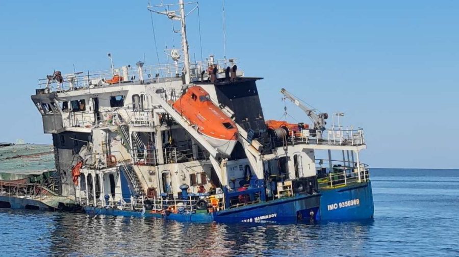 The fire-damaged "Royad Mammadov" ship in the Black Sea after a fire aboard the vessel outside Romania's territorial waters left two people dead and prompted a rescue operation in which others were rescued, in this handout image released on October 5, 2026. Romanian Interior Ministry/Handout via REUTERS