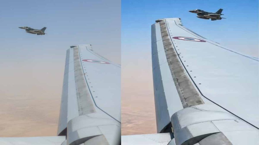In this image received on May 15, 2026, Fighter jets fly in formation during a ceremonial reception for Prime Minister Narendra Modi, in Abu Dhabi. (PMO via PTI Photo)(PTI05_15_2026_000090B)