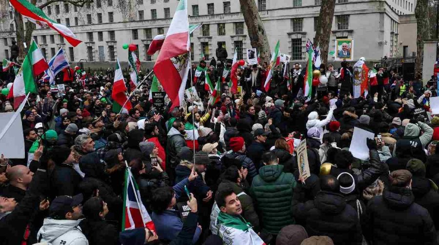Demonstrators gather as Stop the Hate UK holds a protest calling on British Prime Minister Keir Starmer to support the Iranian people, proscribe the Islamic Revolutionary Guard Corps (IRGC) and free Iran from the Islamic Republic, outside Downing Street, London, Britain, January 11, 2026. REUTERS/Isabel Infantes
