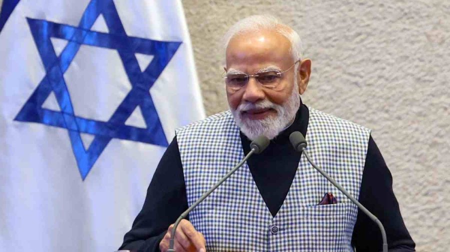 In this image received on Feb. 25, 2026, Prime Minister Narendra Modi addresses the gathering at the Knesset, Israeli parliament, in Jerusalem, Israel. (PMO via PTI Photo)(PTI02_25_2026_000558B)