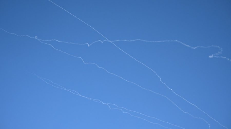 Vapour trails in the sky after Israel intercepted projectiles launched from Lebanon, amid an escalation between Hezbollah and Israel, and amid the U.S.-Israeli conflict with Iran, as seen from Tel Aviv, Israel March 9, 2026. REUTERS/Dylan Martinez