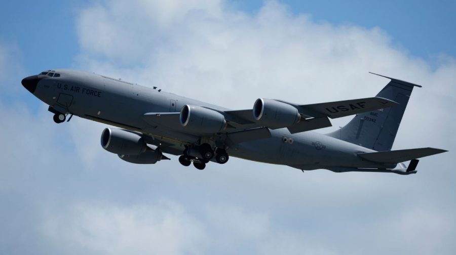 FILE - A U.S. Air Force KC-135 Stratotanker refueling tanker aircraft takes off from the Kadena Air Base airfield in Kadena town, west of Okinawa, southern Japan, Wednesday, Aug. 30, 2023. (AP Photo/Hiro Komae, File)