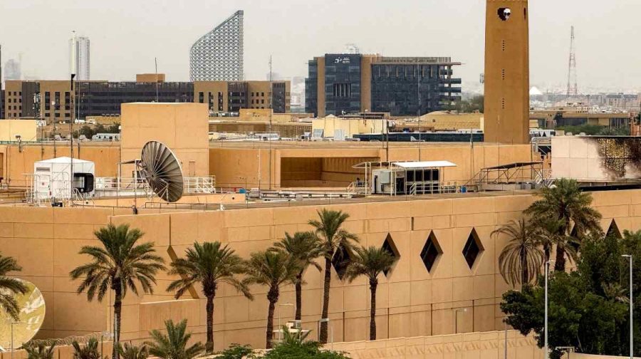 The US embassy headquarters in Riyadh is pictured on March 3, 2026, after it was hit by drone strikes earlier. Iran hit back at industrial and diplomatic targets across the Middle East on March 3, with Washington warning its citizens to evacuate the entire region. (Photo by AFP)