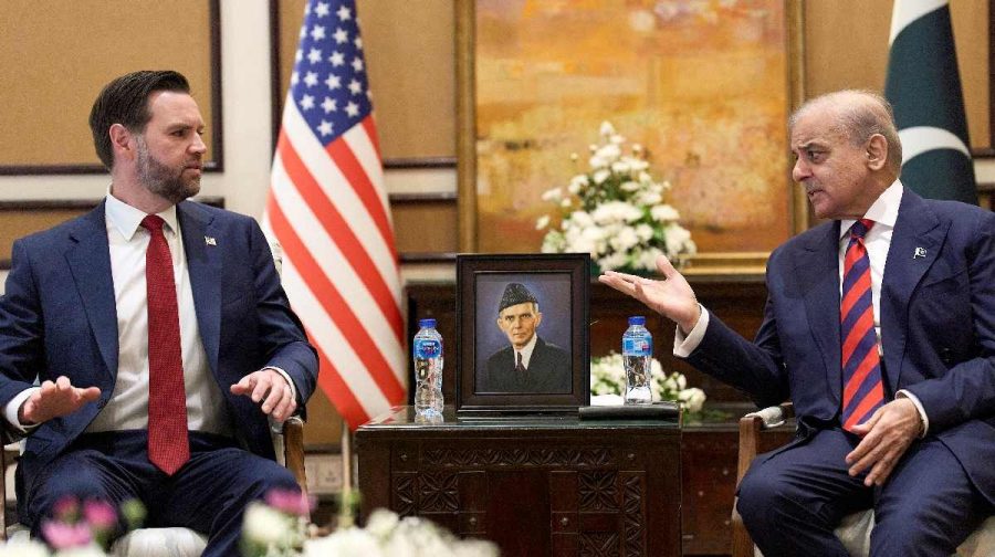 U.S. Vice President JD Vance, left, meets with Pakistan's Prime Minister Shehbaz Sharif, Saturday, April 11, 2026, in Islamabad, Pakistan for talks about Iran.