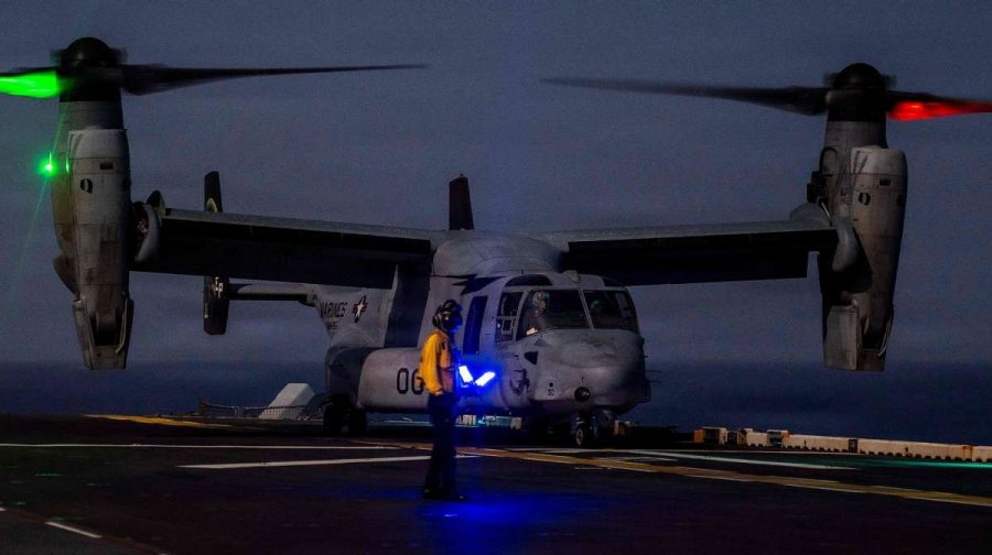 A US Air Force handout photo released by US Central Command public affairs shows an MV-22 Osprey preparing to take off on the flight deck of America-class amphibious assault ship USS Tripoli (LHA 7) during Operation Epic Fury on April 2, 2026. The US military said it would begin a blockade of all Iranian ports on April 13, 2026 after talks between the warring sides in Pakistan collapsed with President Donald Trump blaming the Islamic republic's refusal to abandon its nuclear ambitions. (Photo by Handout / US AIR FORCE / AFP) / RESTRICTED TO EDITORIAL USE - MANDATORY CREDIT "AFP PHOTO / US AIR FORCE" - HANDOUT - NO MARKETING NO ADVERTISING CAMPAIGNS - DISTRIBUTED AS A SERVICE TO CLIENTS