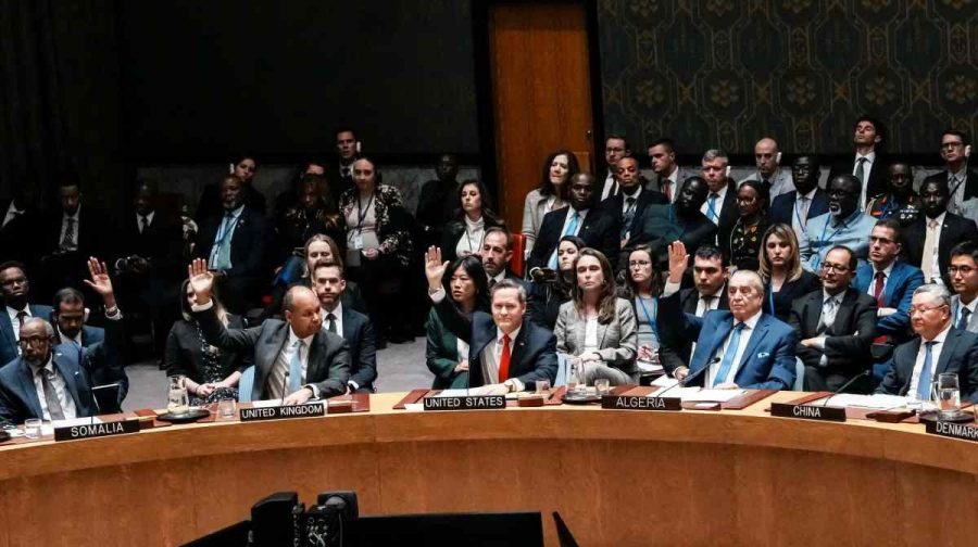 U.S Ambassador to United Nations Michael Waltz and other ambassadors vote in favor for a resolution during a meeting of the United Nations Security Council to consider a U.S. proposal for a U.N. mandate to establish an international stabilization force in Gaza, at U.N. headquarters in New York City, U.S., November 17, 2025. REUTERS/Eduardo Munoz