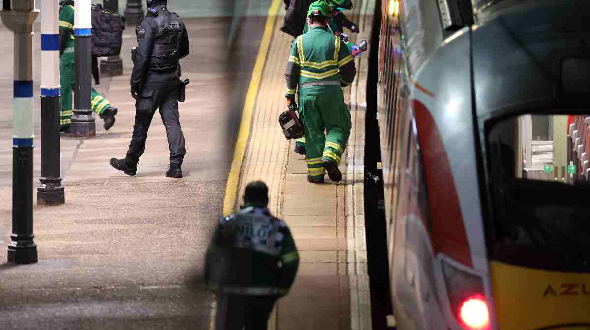 ആക്രമണമുണ്ടായ ട്രെയിനില്‍ സുരക്ഷാ ഉദ്യോഗസ്ഥര്‍ പരിശോധന നടത്തുന്നു. Image Chris Radburn/PA via AP
