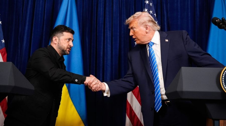 President Donald Trump and Ukraine's President Volodymyr Zelenskyy shake hands at the start of a joint news conference following a meeting at Trump's Mar-a-Lago club, Sunday, Dec. 28, 2025, in Palm Beach, Fla. (AP Photo/Alex Brandon)