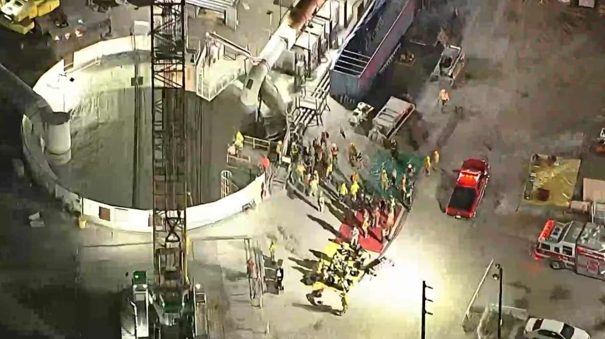 This image taken from footage provided by KABC/ABC7 Los Angeles shows first responders working the scene after a tunnel collapsed on Wednesday, July 9, 2025, in Los Angeles. (KABC/ABC7 Los Angeles via AP)
