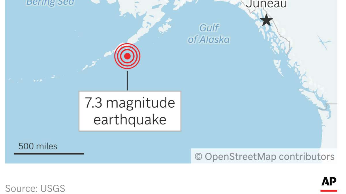 A strong earthquake Wednesday off the Alaska coast triggered a tsunami warning. (AP Graphic)