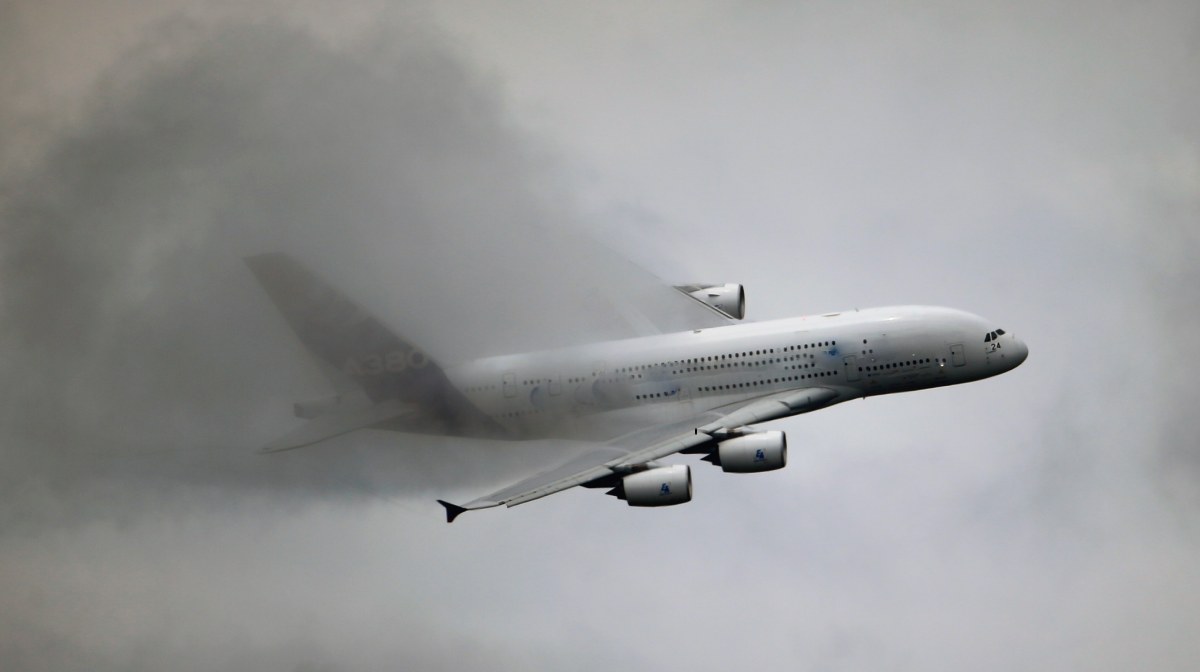 The Airbus A380 performs its demonstration flight during the 50th Paris Air Show at Le Bourget airport, north of Paris, Thursday, June 20, 2013.  (AP Photo/Francois Mori)  