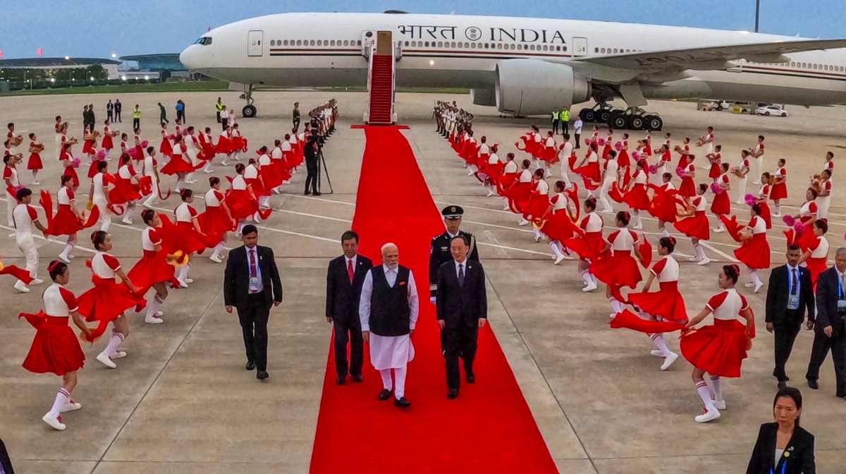 **EDS: THIRD PARTY IMAGE** In this image released on Aug. 30, 2025, Prime Minister Narendra Modi being welcomed with a performance by artistes upon his arrival at the airport, in Tianjin, China. (PMO via PTI Photo) (PTI08_30_2025_000206B)