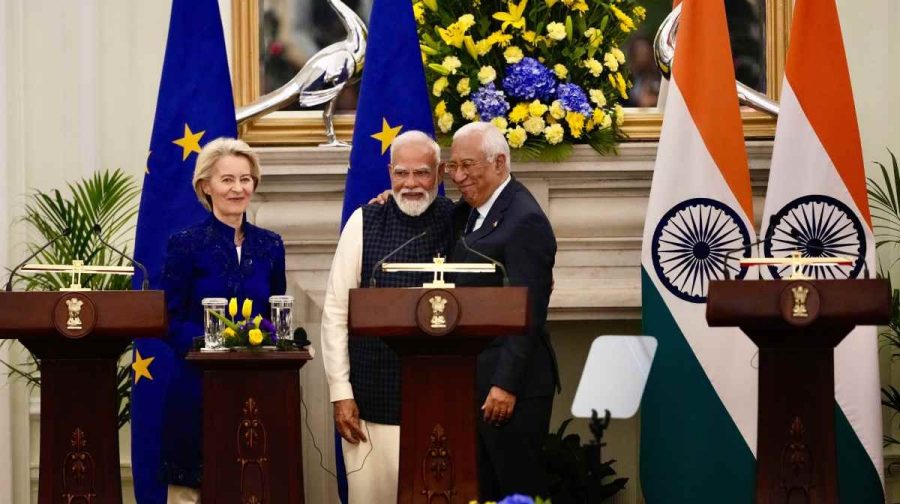 European Commission President Ursula von der Leyen, left, looks on as Indian Prime Minister Narendra Modi, center, and European Council President Antonio Costa greet each other after reaching free trade agreement between India and EU in New Delhi, India, Tuesday, Jan. 27, 2026. (AP Photo/Manish Swarup)