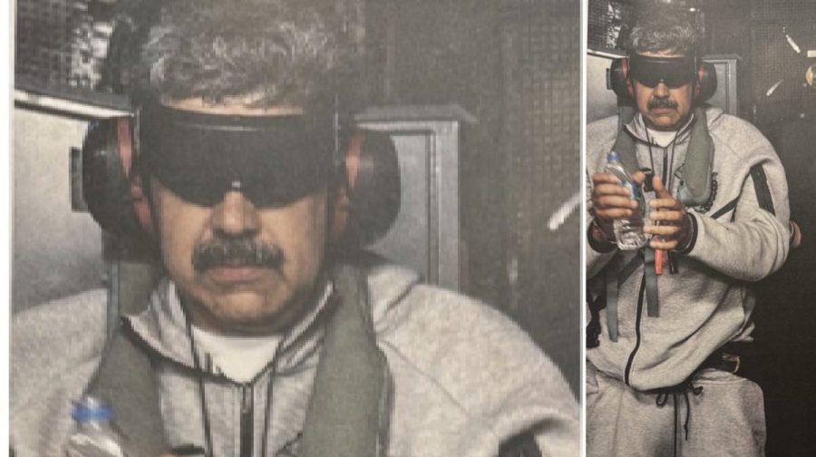 യുഎസ് ബന്ദിയാക്കിയ വെനസ്വേലന്‍ പ്രസിഡന്‍റ് നിക്കോളസ് മഡുറോ. യുഎസ് പ്രസിഡന്‍റ് ഡോണള്‍‍ഡ് ട്രംപ് പുറത്തുവിട്ട ചിത്രം