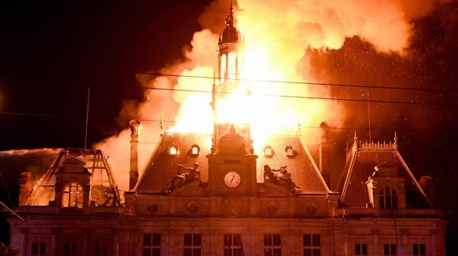 Fire burning and destroying the city hall after a group of individuals forced entry into the building during ongoing protest action against the "high cost of living", in Limoges, central France on October 17, 2026