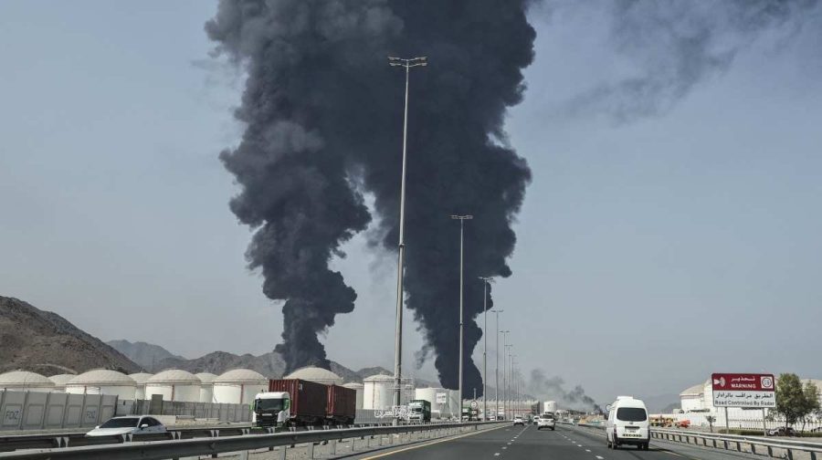 Smoke rises from the direction of an energy installation in the Gulf emirate of Fujairah on March 14, 2026. 