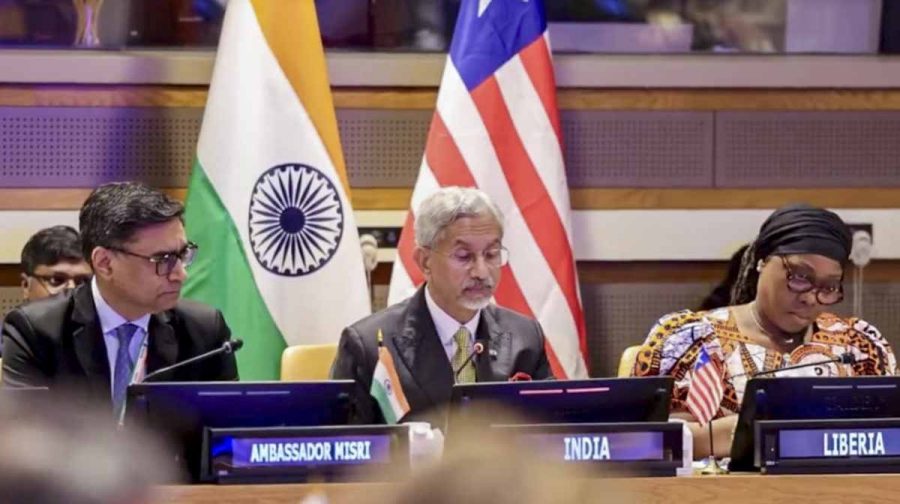 External Affairs Minister S Jaishankar alongside Foreign Secretary Vikram Misri, left, and Minister of Foreign Affairs of Liberia Sara Beysolow Nyanti co-chairs the inaugural meeting of the 'Group of Friends on Safety & Security of Shipping & Seafarers' (#GoFonS4) on the sidelines of the 81st Session of the United Nations General Assembly(UNGA 81), in New York. (@DrSJaishankar/X via PTI Photo)(PTI09_25_2026_000594B)