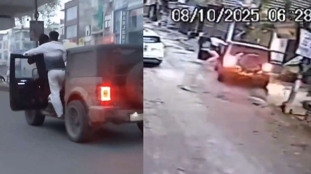 ഥാറില്‍ അഭ്യാസം; നിയന്ത്രണം വിട്ട് പോസ്റ്റിലേക്ക് ഇടിച്ചുകയറി; യുവാവ് തെറിച്ചുവീണു