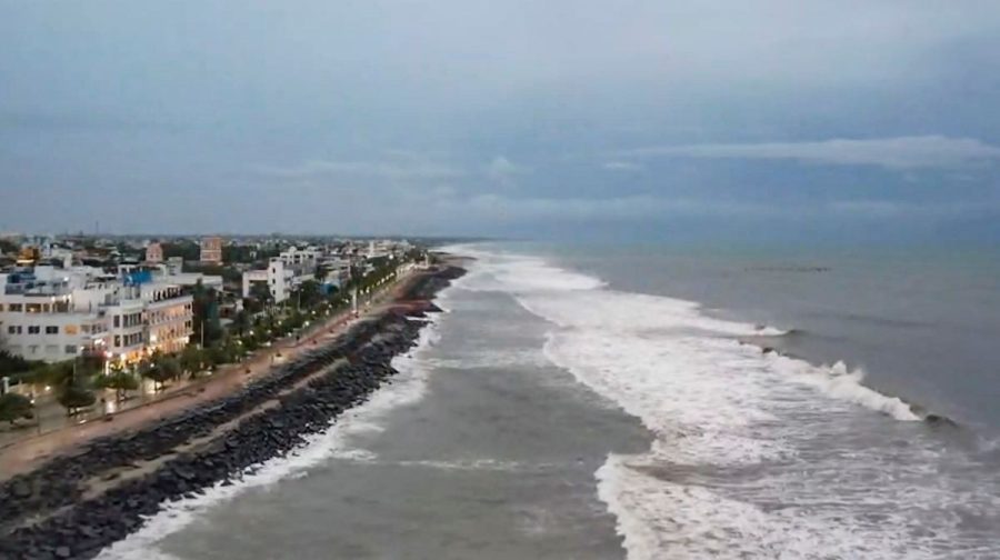 **EDS: SCREENGRAB VIA PTI VIDEOS** Puducherry: An aerial view of waves crashing at the shore as cyclone Ditwah approaches, in Puducherry, Saturday, Nov. 29, 2025. (PTI Photo) (PTI11_29_2025_000429B)