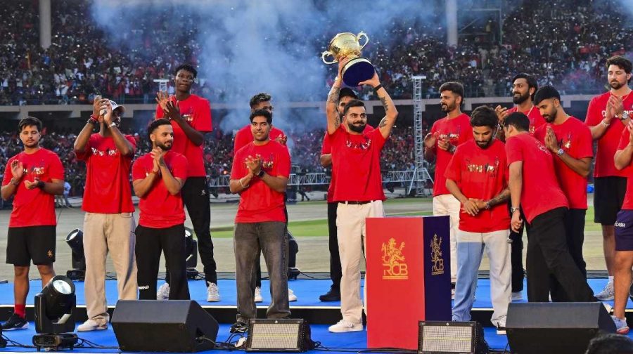 Bengaluru: IPL 2025 winning Royal Challengers Bengaluru team's player Virat Kohli and others during a felicitation ceremony at the Chinnaswamy Stadium, in Bengaluru, Karnataka, Wednesday, June 4, 2025. (PTI Photo)
