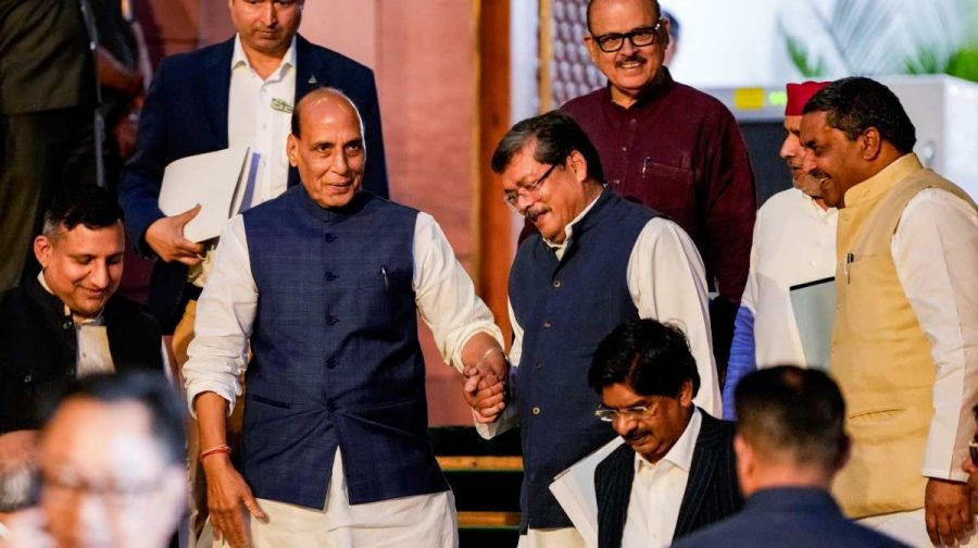 New Delhi: Union Defence Minister Rajnath Singh, Congress MPs Mukul Wasnik and Tariq Anwar, Samajwadi Party (SP) MP Dharmendra Yadav and others leave after the all-party meeting convened by the government to discuss the ongoing West Asia crisis, in New Delhi, Wednesday, March 25, 2026. (PTI Photo/Ravi Choudhary) (PTI03_25_2026_000351A)