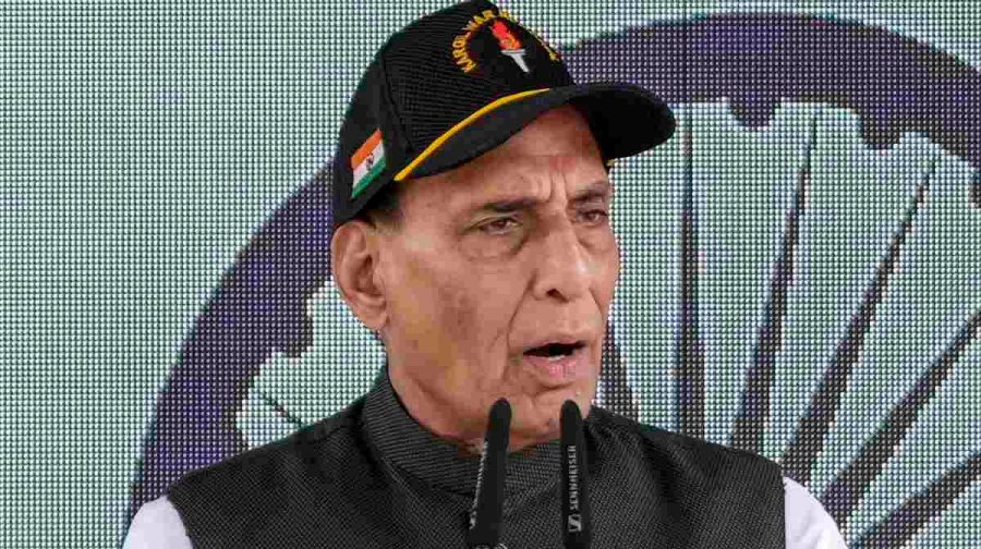 Drass: Defense Minister Rajnath Singh addresses the gathering during the 27th Kargil Vijay Diwas celebrations, at Drass, in Ladakh, Sunday, July 26, 2026. (PTI Photo/S Irfan)(PTI07_26_2026_000027B)