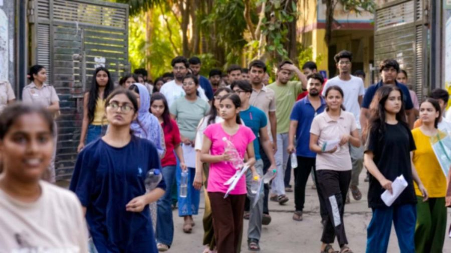 New Delhi: NEET-UG candidates exit an examination centre after appearing for the Re-NEET UG 2026 exam, in New Delhi, Sunday, June 21, 2026. The Re-NEET UG 2026 examination is being conducted following the cancellation of the original test held on May 3 amid a paper leak controversy. (PTI Photo/Shahbaz Khan)(PTI06_21_2026_000570B)