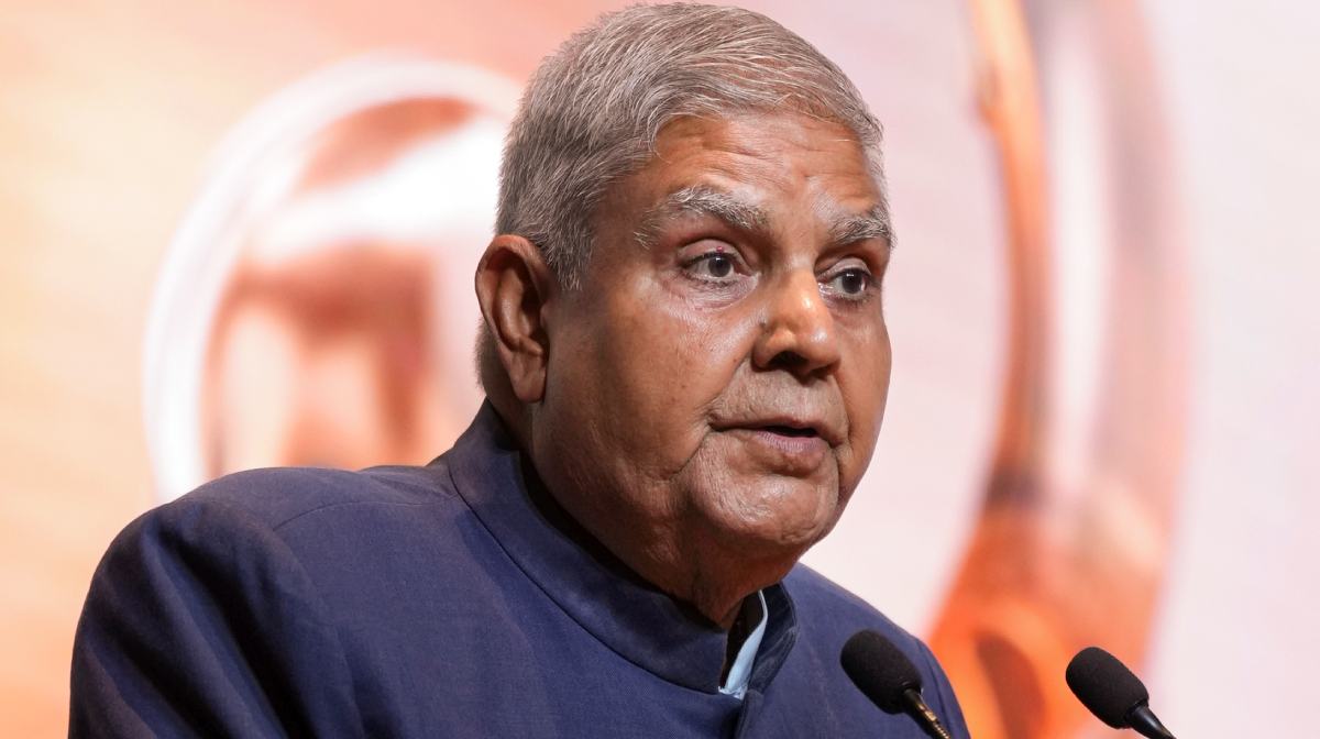 **EDS: FILE IMAGE** New Delhi: In this Thursday, July 10, 2025 file photo, Vice President Jagdeep Dhankhar addresses an event in New Delhi. Dhankhar on Monday, July 21, 2025, sent his resignation to President Droupadi Murmu and said he was stepping down with immediate effect, citing medical reasons. (PTI Photo/Kamal Singh) (PTI07_21_2025_000536A)