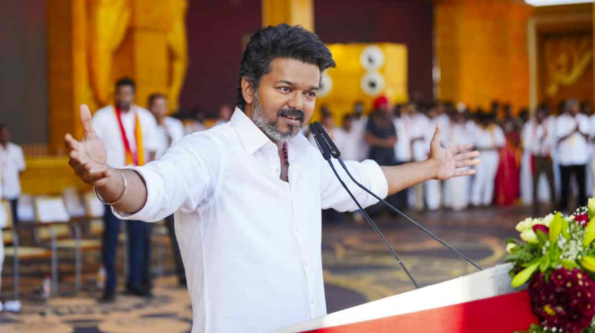 Madurai: Tamilaga Vettri Kazhagam (TVK) President Vijay addresses the party's second State-level conference, in Madurai, Thursday, Aug. 21, 2025. (PTI Photo) (PTI08_21_2025_000243A)