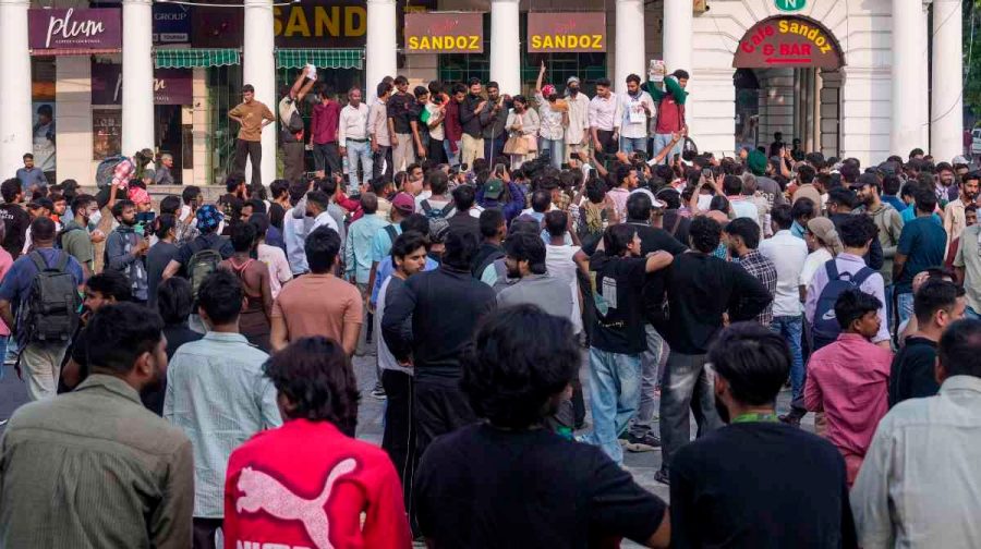 New Delhi: A crowd of demonstrators gather during a protest demonstration organised by the Cockroach Janta Party (CJP) demanding the resignation of Chief Election Commissioner (CEC) Gyanesh Kumar over alleged electoral roll irregularities, at Connaught Place, in New Delhi, Saturday, Oct. 10, 2026. (PTI Photo/Karma Bhutia)(PTI10_10_2026_000566A)