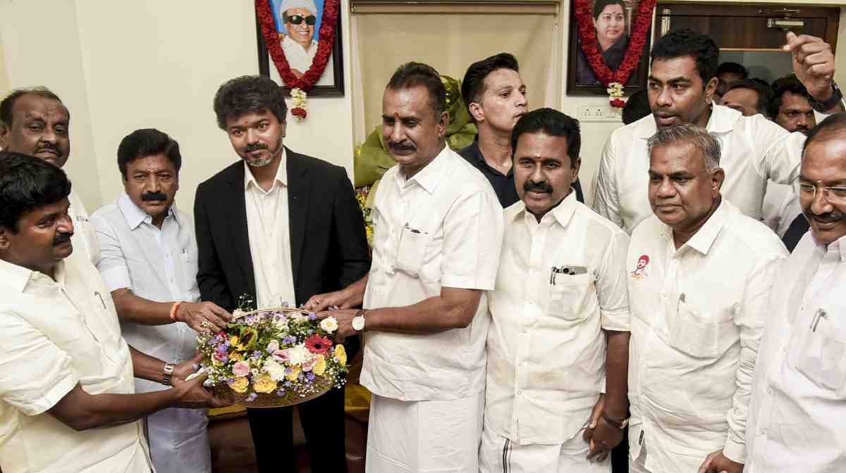 Chennai: Tamil Nadu Chief Minister C Joseph Vijay with AIDMK leaders CV Shanmugam, SP Velumani and others during a meeting, in Chennai, Tuesday, May 12, 2026. (PTI Photo)(PTI05_12_2026_000205B)