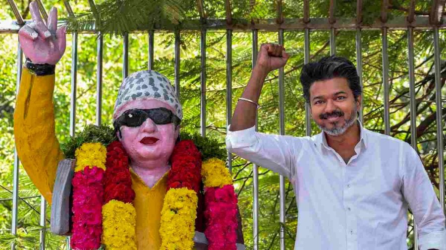 Tiruchirappalli: Tamilaga Vettri Kazhagam (TVK) chief and candidate from the Tiruchirappalli East constituency, Vijay, after paying tribute to former Tamil Nadu CM Maruthur Gopalan, before filing his nomination for state Assembly elections, in Tiruchirappalli, Thursday, April 2, 2026. (PTI Photo) (PTI04_02_2026_000178B)