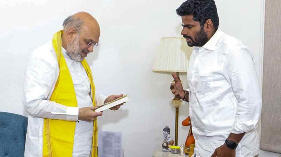 K Annamalai, right, meets Union Home Minister Amit Shah amidst speculation of his resignation as BJP leader from Tamil Nadu, in New Delhi.