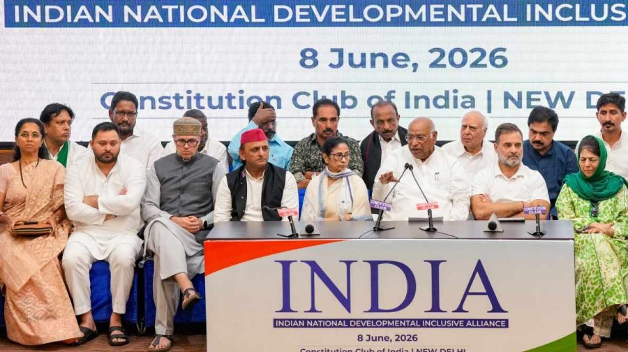 New Delhi: Congress President Mallikarjun Kharge, Lok Sabha LoP Rahul Gandhi, Samajwadi Party MP Akhilesh Yadav, NCP (SP) MP Supriya Sule, JKNC leader Omar Abdullah, RJD leader Tejashwi Yadav, TMC supremo Mamata Banerjee, JKPD leader Mehbooba Mufti and others during the INDIA bloc meeting, in New Delhi, Monday, June 8, 2026. (PTI Photo/Salman Ali) (PTI06_08_2026_000396B)