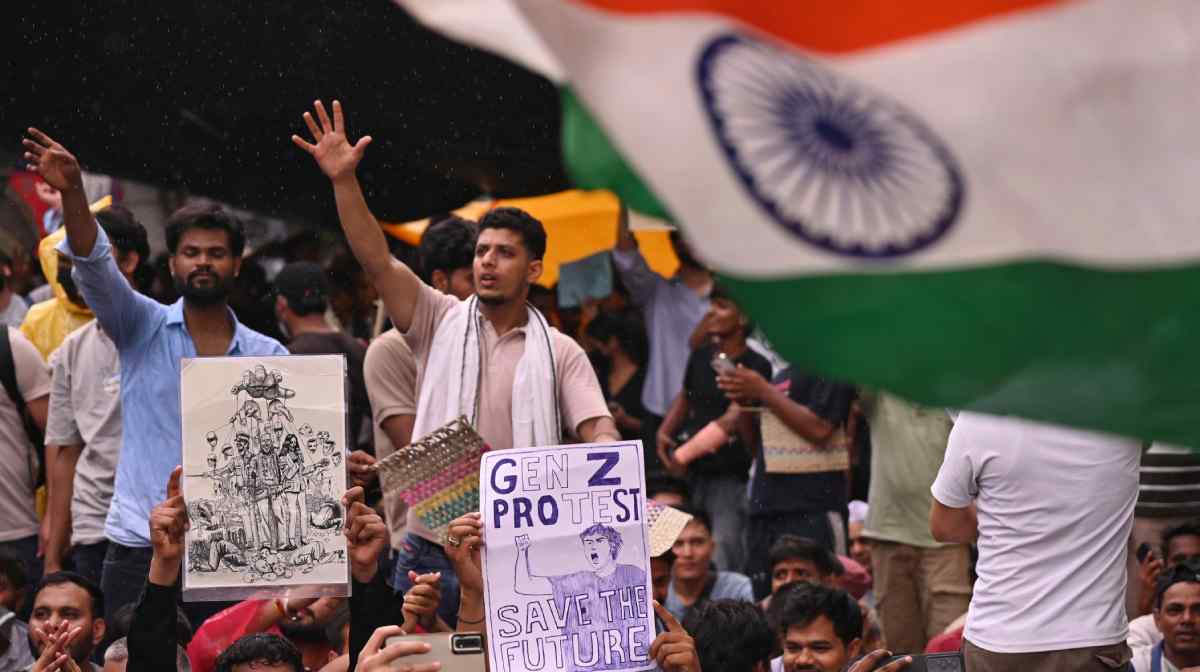 Protesters raise slogans during a demonstration demanding educational reforms as part of the Cockroach Janta Party's ongoing protest movement in New Delhi, India, Friday, July 24, 2026. (AP Photo/Vipin)