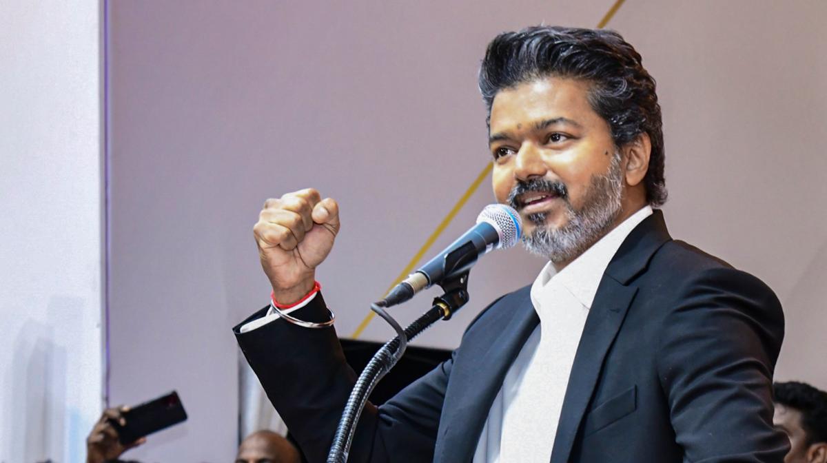 Chennai: Tamilaga Vettri Kazhagam (TVK) chief C Joseph Vijay takes oath as Tamil Nadu Chief Minister during his swearing-in ceremony, at Jawaharlal Nehru Stadium, in Chennai, Sunday, May 10, 2026. (PTI Photo)(PTI05_10_2026_000339B)