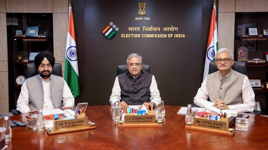 **EDS: THIRD PARTY IMAGE** In this image posted on Sept. 26, 2026, Chief Election Commissioner (CEC) Gyanesh Kumar with Election Commissioners Sukhbir Singh Sandhu and Vivek Joshi during a meeting, at Nirvachan Sadan, in New Delhi. (@ECISVEEP/X via PTI Photo)(PTI09_26_2026_000360B)