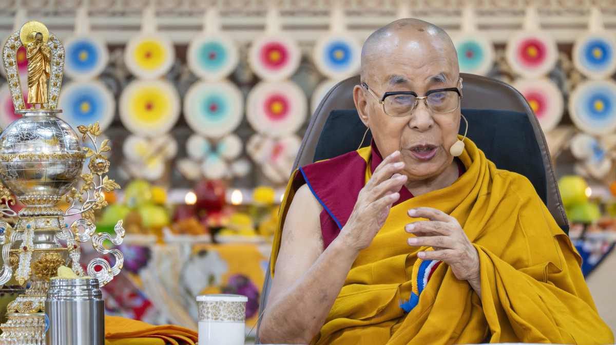 Tibetan spiritual leader the Dalai Lama speaks at an event celebrating his 90th birthday according to a Tibetan calendar in Dharamshala, India, Monday, June 30, 2025, ahead of his birthday according to the Gregorian calendar on July 6. (AP Photo/Ashwini Bhatia)