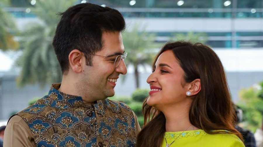 New Delhi: Newly-wed actor Parineeti Chopra and AAP MP Raghav Chadha pose for photographs upon their arrival in New Delhi, Monday, Sept. 25, 2023. (PTI Photo)(PTI09_25_2023_000332B)
