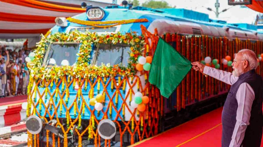 **EDS: THIRD PARTY IMAGE** In this image received on July 17, 2026, Prime Minister Narendra Modi flags off India's first hydrogen-powered train, between Jind and Sonipat, at Jind Railway Station, Haryana. (PMO via PTI Photo)(PTI07_17_2026_000107B)
