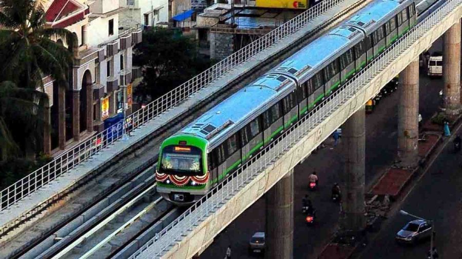 Bengaluru: A train on the Green Line of Namma Metro's Phase-1, from Sampige Road Metro Station to Yelchenahalli Metro Station, before its inauguration in Bengaluru on Saturday. PTI Photo(PTI6_17_2017_000224A)