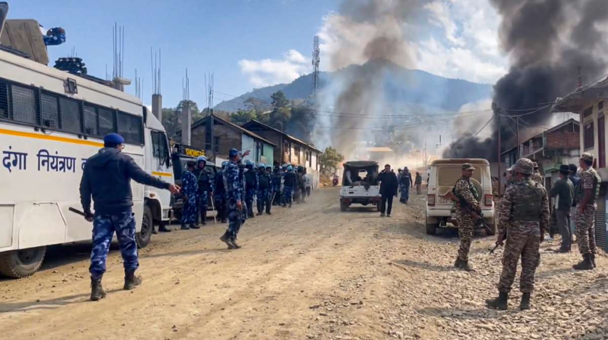 **EDS: SCREENGRAB VIA PTI VIDEOS** Ukhrul: Security personnel deployed after suspected militants allegedly torched several houses, in Ukhrul district of Manipur, Monday, Feb. 9, 2026. (PTI Photo)(PTI02_09_2026_000205B)