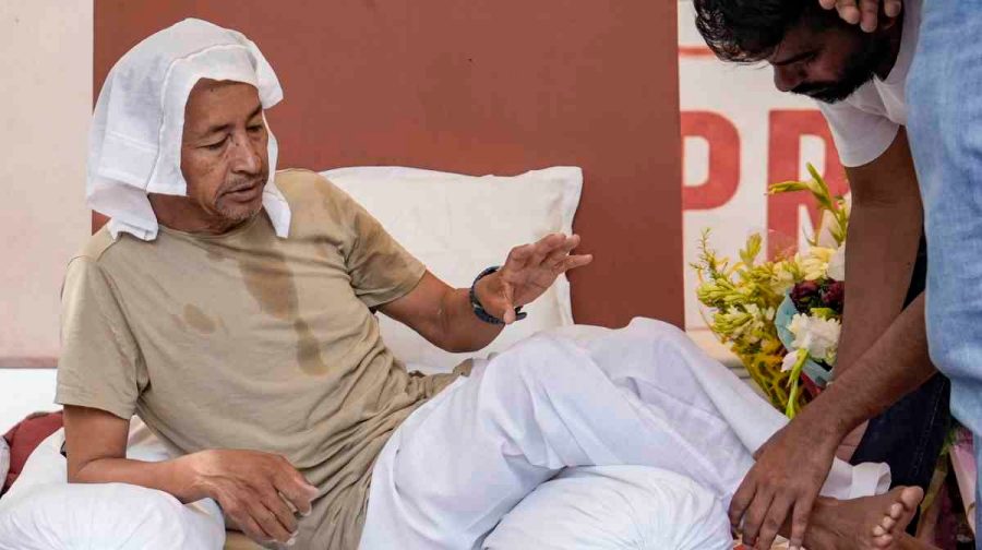 New Delhi: Climate activist Sonam Wangchuk during a protest by Cockroach Janata Party (CJP) demanding Union Education Minister Dharmendra Pradhan's resignation over alleged irregularities in the NEET examination, at Jantar Mantar, in New Delhi, Wednesday, July 15, 2026. Wangchuk has been on an indefinite hunger strike for 18 days. (PTI Photo/Salman Ali)(PTI07_15_2026_000138B)