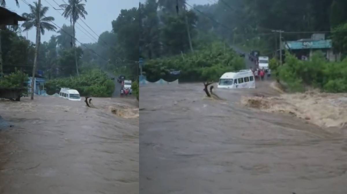 കനത്ത മഴയിൽ ഒഴുക്കിൽ പെട്ട ട്രാവലർ