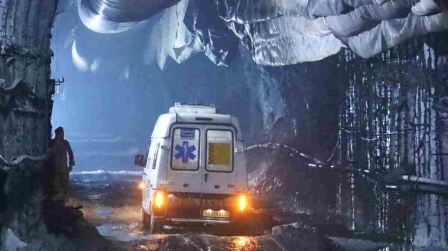 In this image provided by the Information and Public Relations Department, Government of Sikkim, an ambulance moves through an under-construction tunnel at a hydropower project in Samardung village, about 40 kms. (25 miles) from Gangtok, India, late Monday, July 20, 2026. (Government of Sikkim via AP)
