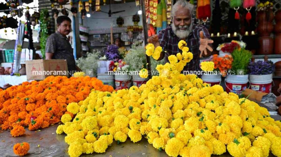 ഓണത്തോടനുബന്ധിച്ച് ആലപ്പുഴ കൊട്ടാരപ്പാലത്തിലെ പൂക്കടയിലെ കാഴ്ച. ചിത്രം: മനോരമ