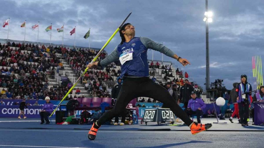 India's Neeraj Chopra competes in the Men's Javelin Throw Final at the Commonwealth Games in Glasgow, Scotland, Friday, July 31, 2026. (AP Photo/Alastair Grant)