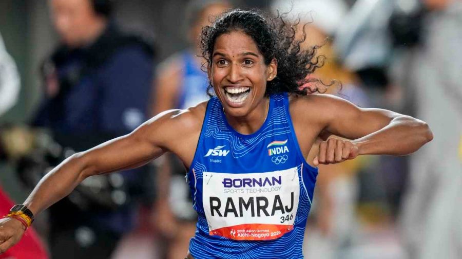 Nagoya: India s Vithya Ramraj celebrates after winning bronze medal in women s 400 meter Hurdles final event in the ongoing Asian Games 2026, in Nagoya, Japan, Monday, Sept. 28, 2026. Ramraj clocked a personal best of 54.75 seconds to break a more than four-decade-old national record created by the legendary P T Usha. (PTI Photo/Arun Sharma)(PTI09_28_2026_000368B)