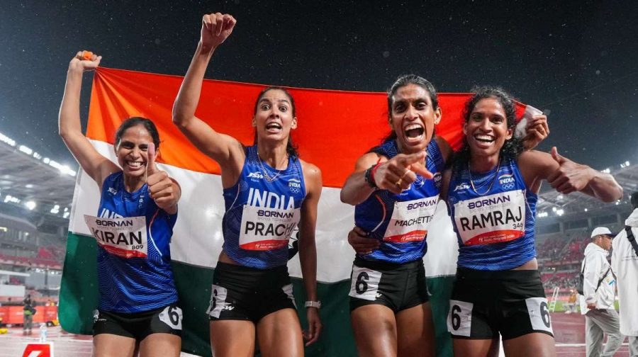 Nagoya: From left, India s Kiran, Prachi, Poovama Machettira, and Vithya Ramraj celebrate after winning gold medal in the women's 4 x 100 relay final in the ongoing Asian Games 2026, in Nagoya, Japan, Tuesday, Sept. 29, 2026. (PTI Photo/Arun Sharma)(PTI09_29_2026_000339A)